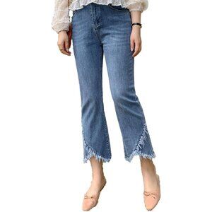 Womens Ripped Distressed Denim Jeans Stretch Cropped Frayed Hem Fringe